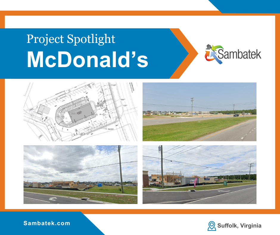 4 images of McDonalds under construction Project Spotlight McDonald’s 
Sambatek logo. Sambatek.com Map location icon. Suffolk, Virginia
