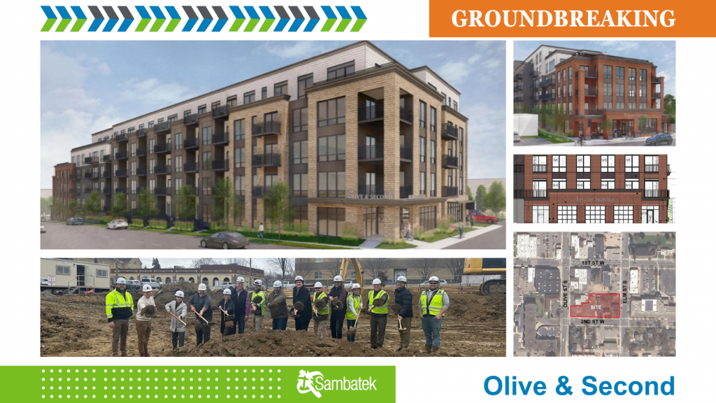 Olive and Second Groundbreaking image. Image rendering and façade. Maps with project site highlighted. 
